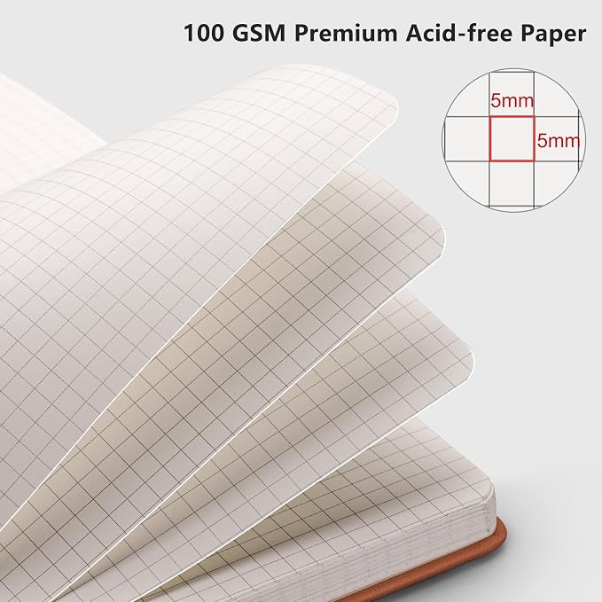 RETTACY Graph Grid Paper Notebook, 192 Pages, A5 Size (5.7'' x 8.3'') | 5 Squares per Inch, Leather Hardcover, 100 GSM Thick Paper, for School, Students, Math, Engineering (Brown)