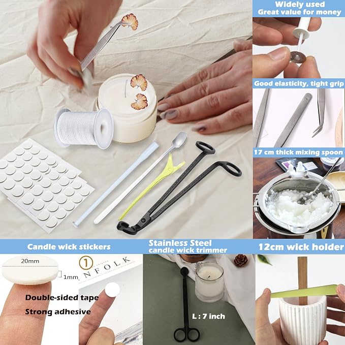 28 PCS Beginners Candle Making Kit for Adults with 200 ft Candlewick,Long Large-Eye Candle Piercing Needle and Wick Cutter 7INCH,Wick Inserting Tool Mold Punch Needle with Hook Eye for Moulds