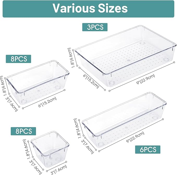 25 PCS Clear Plastic Drawer Organizer, Makeup Organizers and Storage Bins | 4 Sizes Desk Drawer Divider Organizers and Storage Bins for Makeup, Jewelry, Gadgets for Kitchen, Bedroom, Bathroom, Office