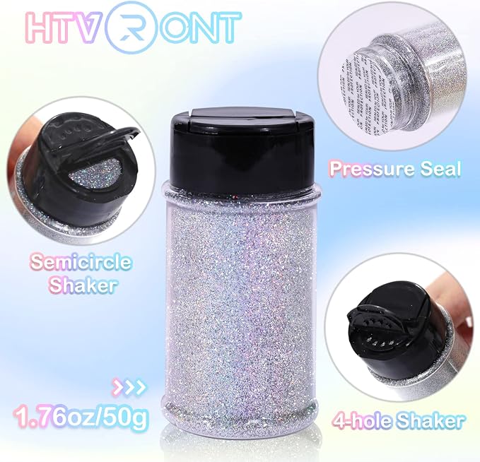 HTVRONT Holographic Extra Fine Glitter Powder - 50g/1.76oz, for Resin, 0.008" Portable Ultra Fine Glitter Powder for Nails, Candle Making, Crafts, Slime Fine Silver Glitter | Holographic Craft Glitter for Resin, Jewelry, Keychains, Paint, Candle, Slime...