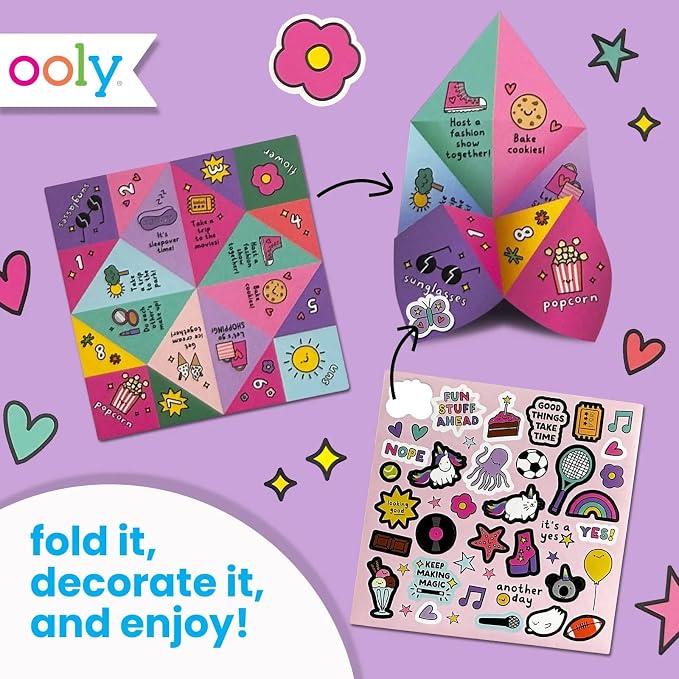Ooly DIY Origami Fortune Teller Kit, Cootie Catcher, 24 Designs & Stickers | Ages 6+, Includes 12 Completed, 6 Blank, and 6 Coloring Folding Fortune Tellers, Fun Screen-Free Craft Activity Gift for Kids