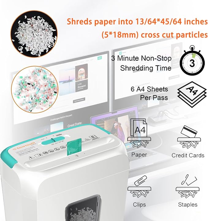 Bonsaii High Security Shredding Paper Shredder, 6-Sheet Cross-Cut, Credit Card Shredder, Home Office, Handle for Document, Mail, Staple, 3.4 Gal Wastebasket, White & Blue