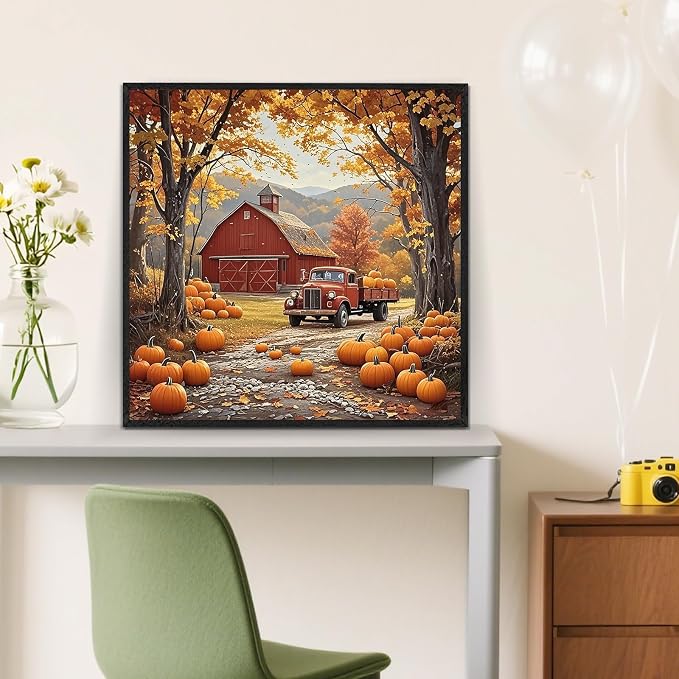LKHMVCA Fall Farmhouse Truck Pumpkin Paint by Numbers Kit for Adults, DIY Paint by Numbers Kits for Adults Beginners Without Frame, Acrylic Paint Canvas Painting Kits Art for Home Decor 16x16 Inch