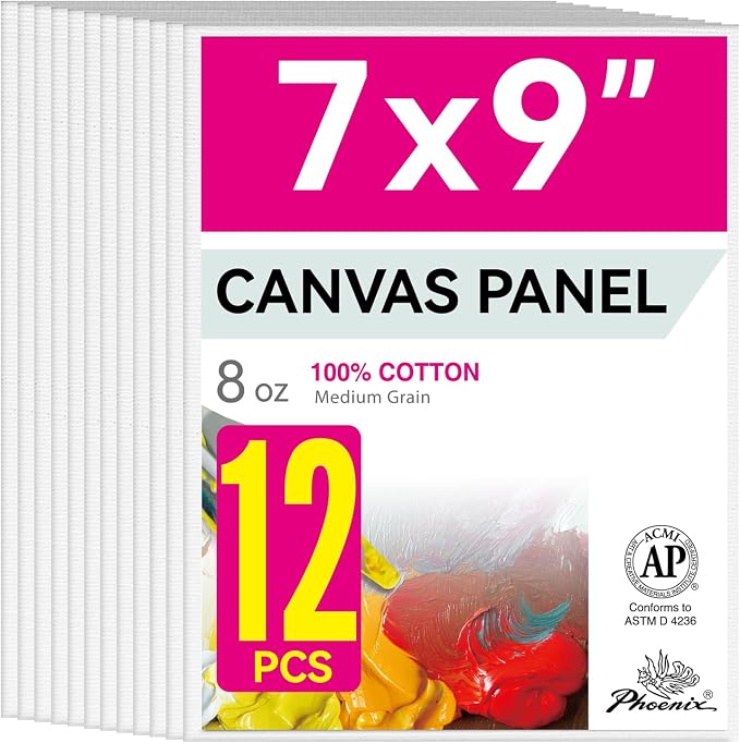 PHOENIX Painting Canvas Panels 7x9 Inch, 12 Value Pack - 8 Oz Triple Primed 100% Cotton Acid Free Canvase Boards for Painting, White Blank Flat Canvas Boards for Acrylic, Oil Paints