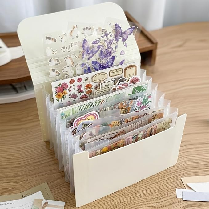 Sticker Storage Organizer with 7 Expandable Pockets, A6 Multi-Layer Desktop Sticker Binder for Scrapbook Essentials and Journal Organizer, Large Capacity for Thick Sticker Album, Washi Tape(Cream)