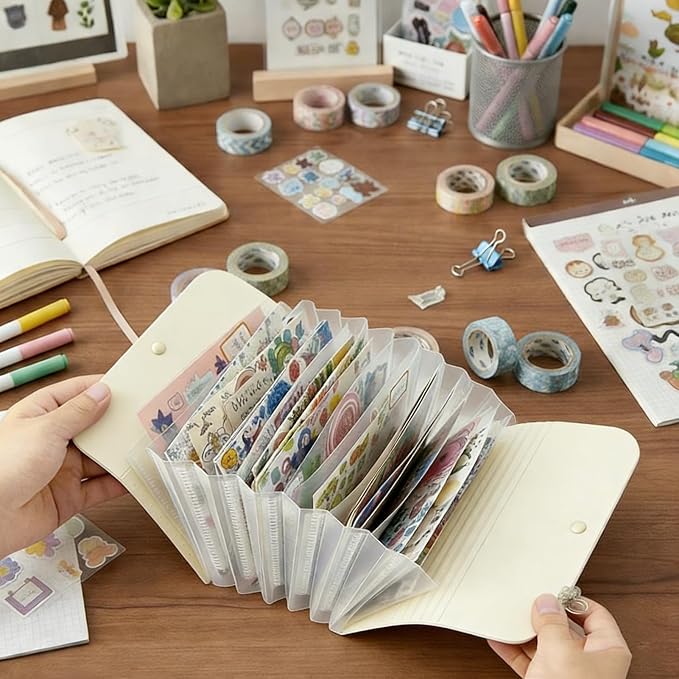 Sticker Storage Organizer with 7 Expandable Pockets, A6 Multi-Layer Desktop Sticker Binder for Scrapbook Essentials and Journal Organizer, Large Capacity for Thick Sticker Album, Washi Tape(Cream)