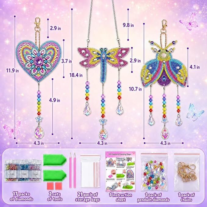 Diamond Art for Kids 8-12, 3 PCS Diamond Art Painting Sun Catcher for Girls