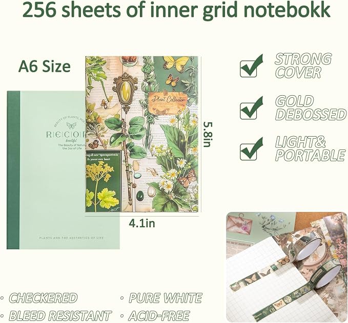 Scrapbooking Supplies Kit, Vintage Botanical Aesthetic Scrapbook Kit for Bullet Junk Journal, Stationery, A6 Grid Notebook, Flower DIY Journaling Supplies, Birthday Craft Gift for Women Craft Lover