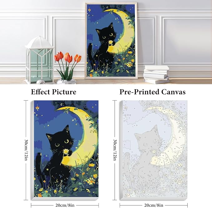 Fountor Black Cat Framed Paint by Numbers Kit for Adults Beginner 8x12 Inch