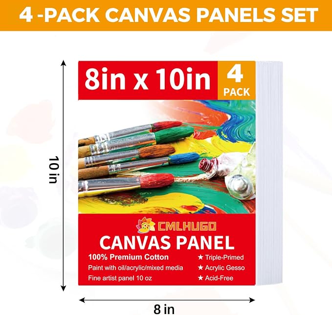 4 Pack Canvas Boards for Painting, 8 x 10 inch Blank Canvases, Gesso Primed Acid-Free 100% Cotton Canvas Panels for Acrylic Oil Watercolor