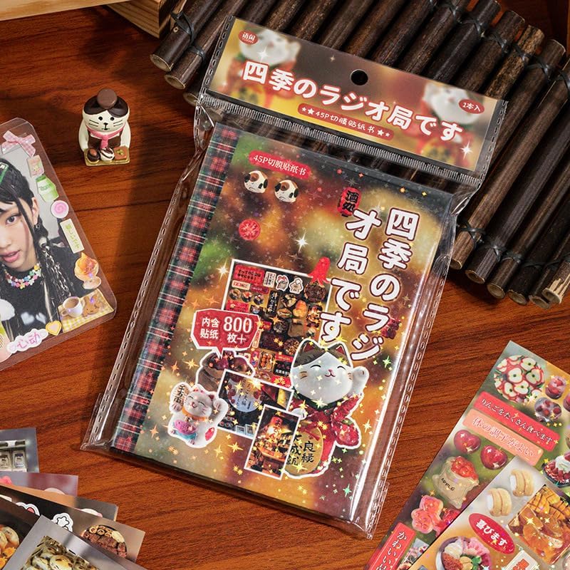 Japanese Retro Sticker Book, 800 Cartoon Stickers Book with Art Coated Paper Creative Activity Stickers for Adults, DIY Scrapbooking Phone Cases Laptops Party Gifts (Four Season Radio)