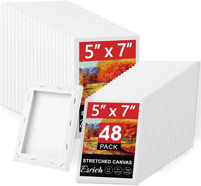 ESRICH Stretched Canvas for Painting 5x7, 48 Pack Small Canvases for Painting 5/8" Profile Primed Acid-Free Blank Painting Canvas for Kids & Artists for Decorations, Painting Parties.