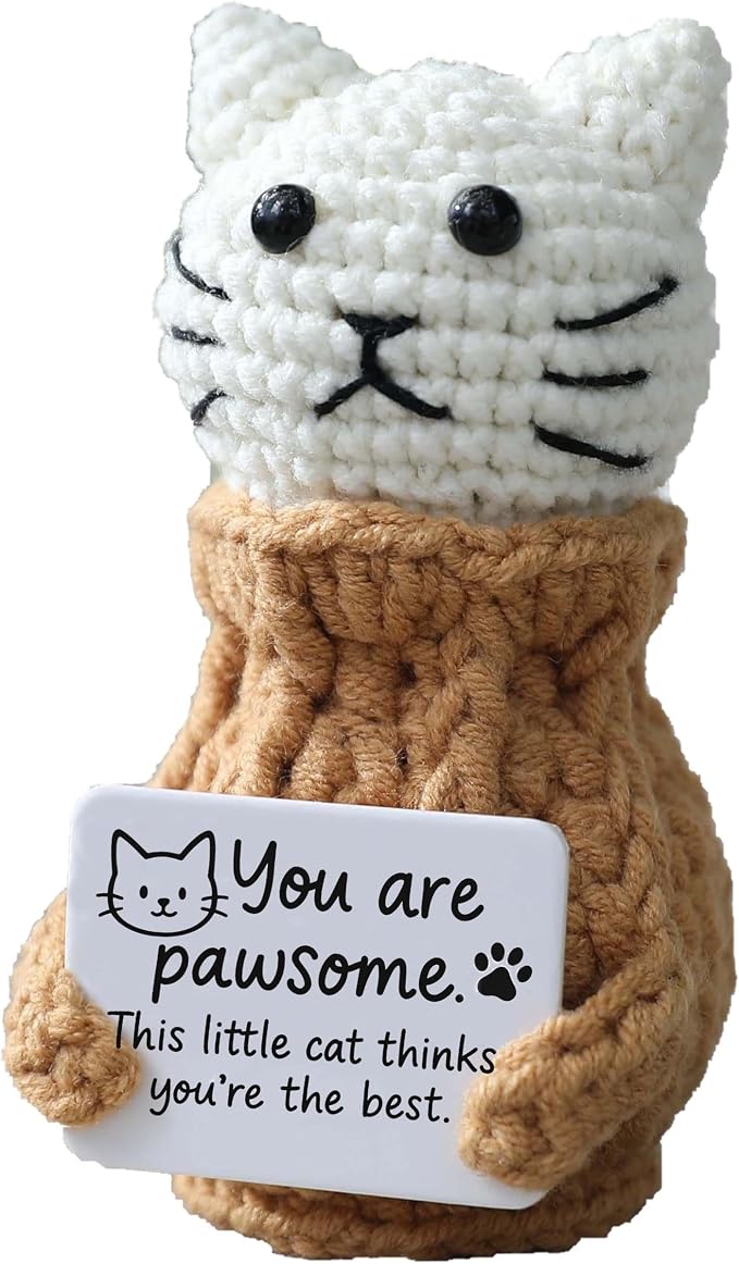 Positive Crochet Animals Cat – “You are Pawsome” Valentines Day Gifts for Him Her Boyfriend Girlfriend Women Teens, Emotional Support & Cheer Up Present, Teacher Appreciation, Birthday Gift