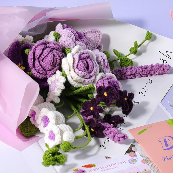 Iuuidu Crochet Kit for Beginners, Flower Bouquet Crochet Kit Rose Purple