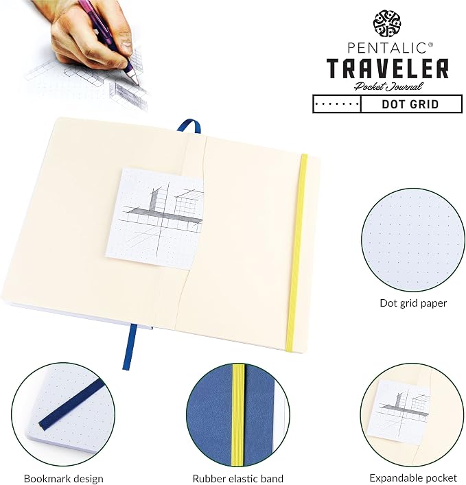 Pentalic 6 x 8" Pocket Dot Grid Traveler Journal, 160 Pages, Denim Blue