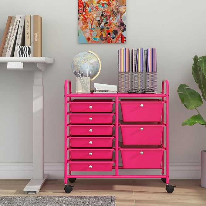 Giantex 9 Drawers Rolling Cart, Classroom Organizers, Storage Cart with Wheels, for Teacher Office Home School Supplies Tool Craft Art Paper, Hot Pink