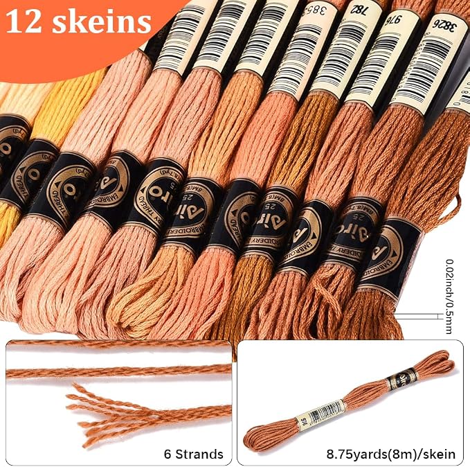 105 Yards 12 Skeins Gradient 6 Strands Earth Color Friendship Bracelet Threads String Polyester Variegated Embroidery Floss Cross Stitch Thread Assorted Bulk for Hand Sewing Making Supply