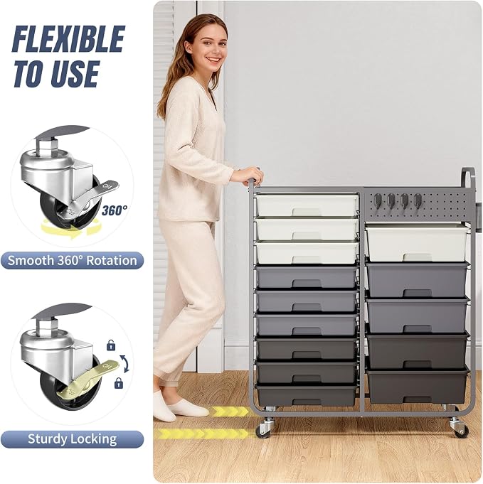 14 Drawer Rolling Storage Cart with Tabletop and Pegboard for Crafts Grey | Easy Setup, Large Capacity, Sturdy Build, Smooth Mobility, For classroom, office and dorm supplies