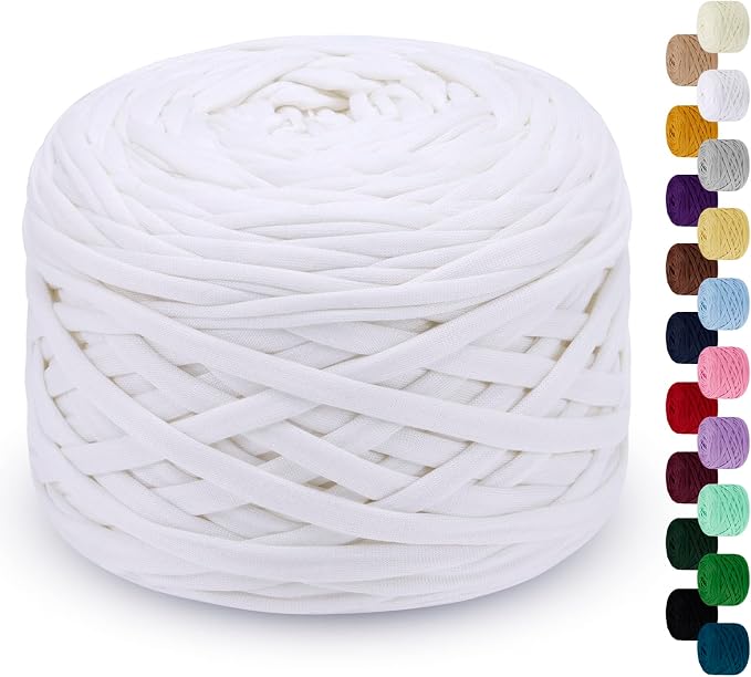 285g T-Shirt Yarn for Crocheting 109 Yards Elastic Ribbon Thick Fabric, Knitting for Crochet Bag, Blanket, Basket, DIY Projects, Home Decor (White)