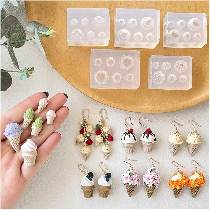Keoker Ice Cream Polymer Clay Molds, 5 Shapes 3 Sizes Summer Silicone Polymer Clay Earring Molds, Polymer Clay Ice Cream Cone Mold
