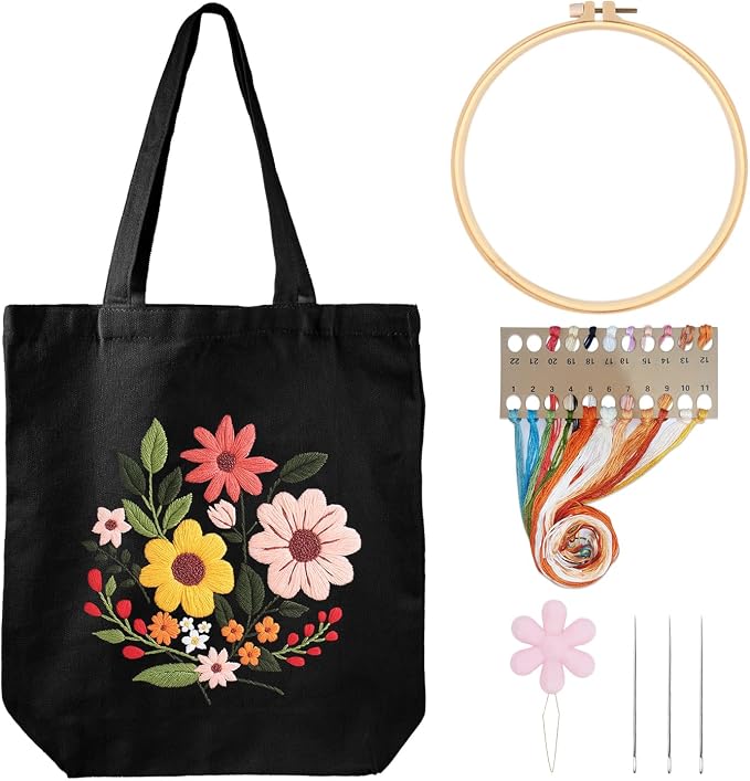 Louise Maelys Halloween Embroidery Kit Canvas Tote Bag with Flower Pattern