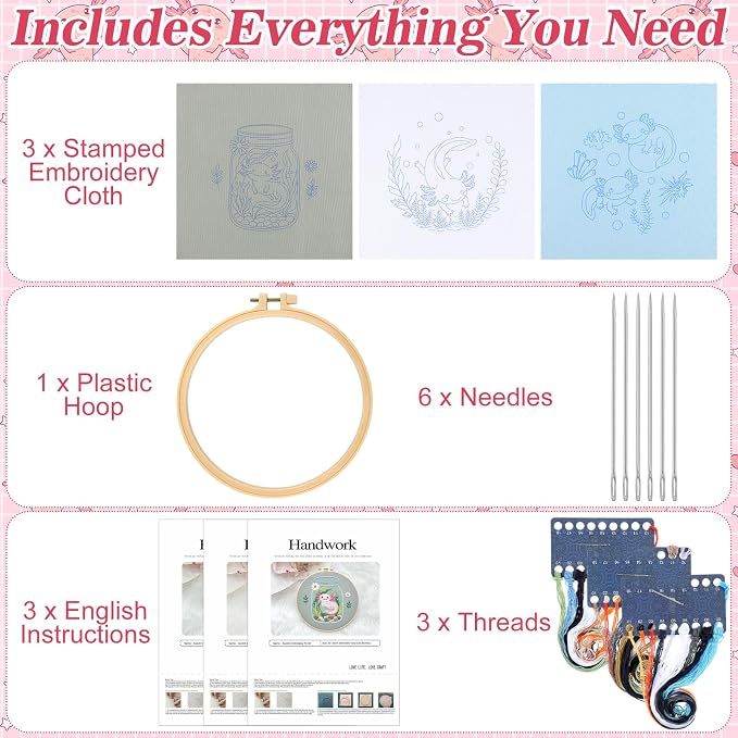 Mindsoft 3 Set Needlepoint Kit for Beginners with Hoop,Axolotl | Bamboo Hoop Thread Needles Instructions, Easy Hand Embroidery for Beginners Home Crafts,Pre-stamped Funny Cute Designs
