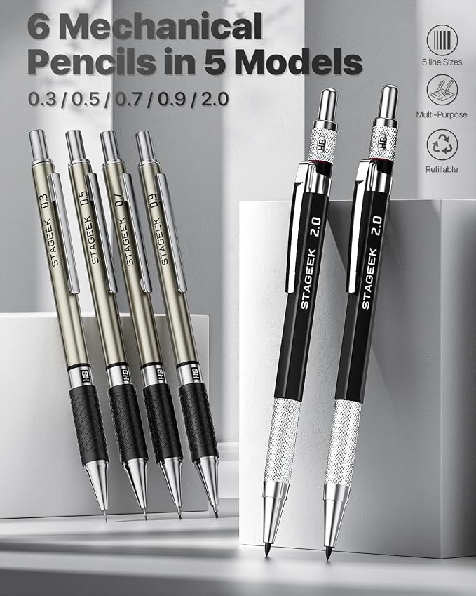 STAGEEK 37PCS Mechanical Pencil Set with Case, 0.3, 0.5, 0.7, 0.9 ＆2PCS 2mm | Drawing Pencils with 492PCS Lead Refills (6B 4B 2B HB 2H 4H Color), Erasers, Sharpeners, Artist Pencil for Sketching Drafting
