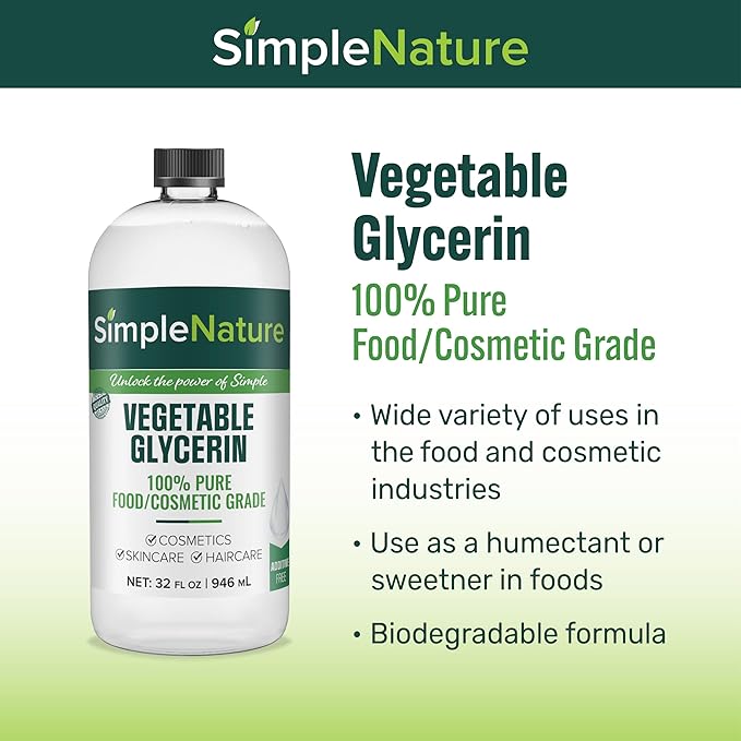 Simple Nature 100% Pure Vegetable Glycerin - 32 oz - Natural Pure Food/Cosmetic Grade for Skincare, Haircare, Cosmetics, Soapmaking, Crafts - Softening & Moisturizing Multipurpose Humectant