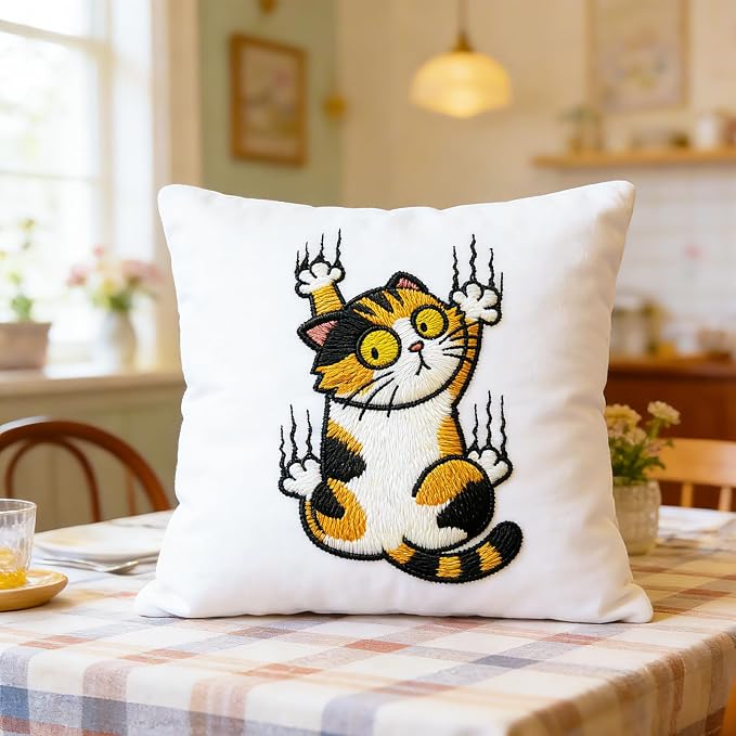 BEUNITONE 4PCS Fun and Funny Cat Embroidery Kit for Beginners, Cute Pre-Print Cat Pattern Hand Embroidery Kits with Hoop and Instruction, DIY Needlepoint Craft Kit for Gifts and Home Decor