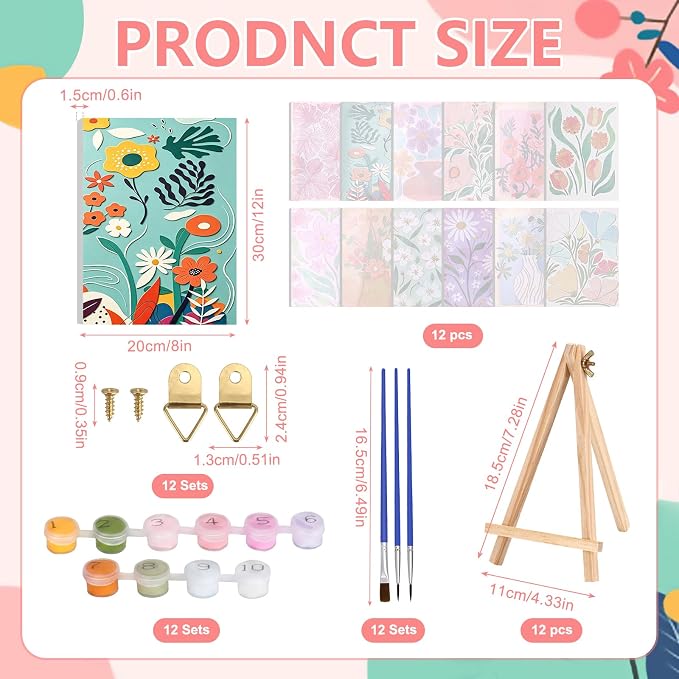 12 Set Paint by Numbers Kit for Adults with 8x12 In Simple Flower Painting