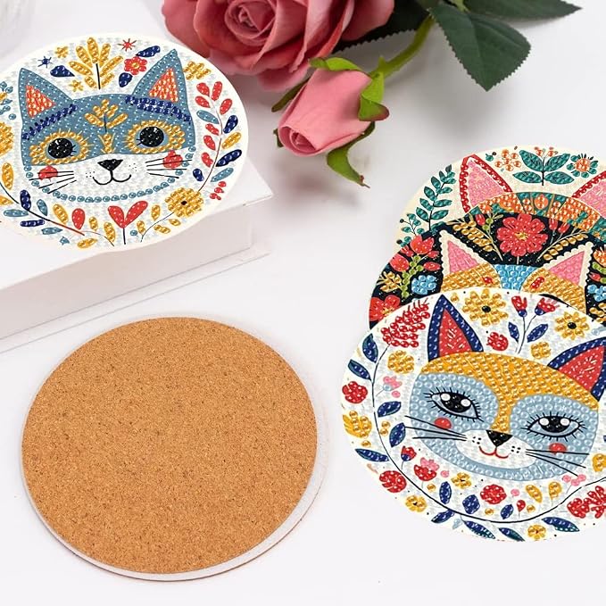 mrpwnle 6 Pcs Diamond Art Coasters Kits, Cat Diamond Painting Coasters Kit