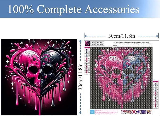 Diamond Art Kits for Adults Heart Skull Diamond Painting Kit 12x12in | 5D Skull Diamond Art Painting Kit for Adult, DIY Full Round Drill Skull Gem Art Diamond Dots Kits for Home Wall Decor
