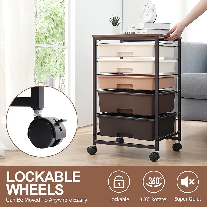 SYKIARIOL Rolling Cart with Drawers, 5 Drawers Utility Cart, Dark Brown | 5-Tiers Storage Cart with Drawers with Lockable Wheels for Craft Organizers and Storage,Home Office,Classroom,Dorm,Playroom