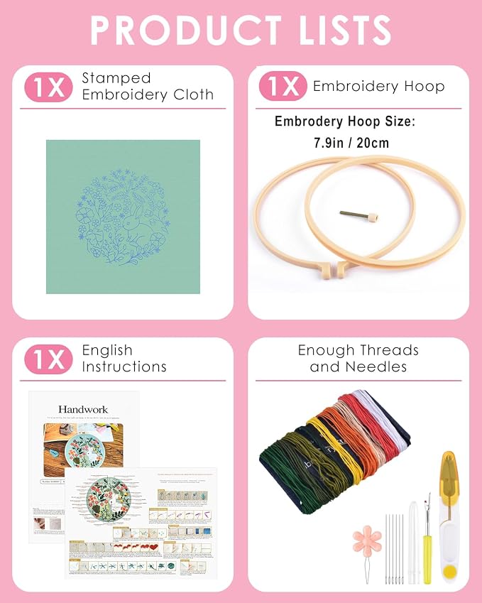 TINDTOP Embroidery Kit for Beginners Adult, Rabbit Embroidery Kit | Include Embroidery Cloth Hoops Threads for Craft Lover Hand Stitch with Embroidery Skill Techniques