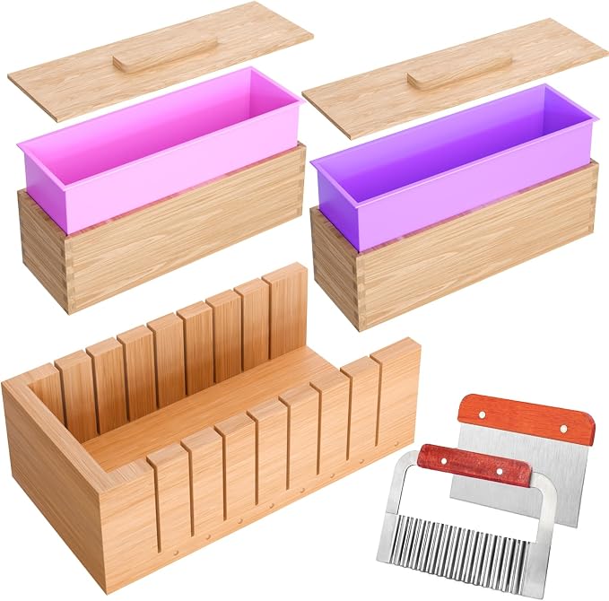 Soap Cutters with 2 Silicone Soap Molds, Upgraded Bar Rectangle Loaf Soap Mold Wood Box, Homemade Soap Making Supplies Tools Kit for Adults Beginners (Cutter with Mold)