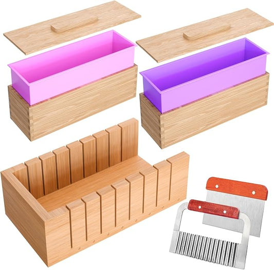 Soap Cutters with 2 Silicone Soap Molds, Upgraded Bar Rectangle Loaf Soap Mold Wood Box, Homemade Soap Making Supplies Tools Kit for Adults Beginners (Cutter with Mold)