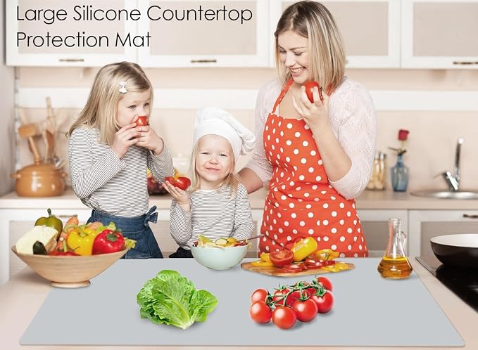 Extra Large Silicone Mat, Food-Grade Flexible Silicone Table Mats for Kids Non-Slip Placemat Waterproof Heat Insulation Countertop Protector Pastry Mat Silicone Pad, 27.6''x15.7'' Gray, 1Pcs