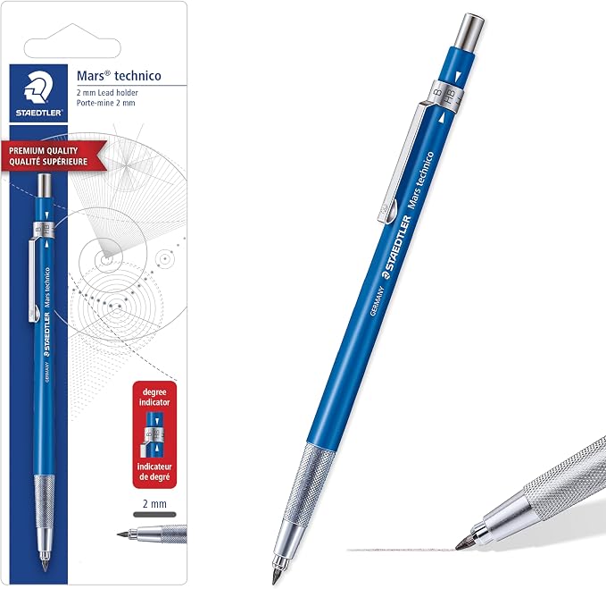 STAEDTLER Mars Technico Mechanical Pencil, 2mm (2) Lead Holder with Built-in Sharpener - Drawing & Sketching Pencil with Metal Clip & Push-Button Lead Advance