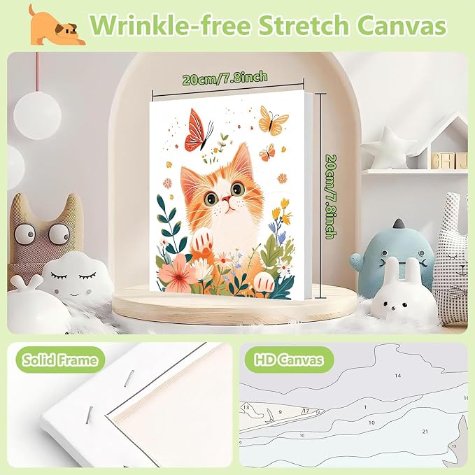 cviokrdu Cat Paint by Numbers Kit for Kids with Frame - Wooden Easel, Animals Paint by Numbers for Kids Ages 4 8 12, Easy Acrylic Oil Painting Kits for Home Wall Decoration 8x8 inch