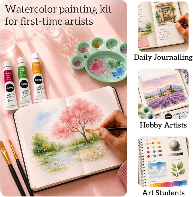 Chalkola 36 Watercolor Paint Set for Adults, Kids & Professional Artists | 36 Watercolor Paint Tubes (12ml, 0.4oz), 10 Painting Brushes & 1 Palette - Vibrant Water Color Art Painting Supplies