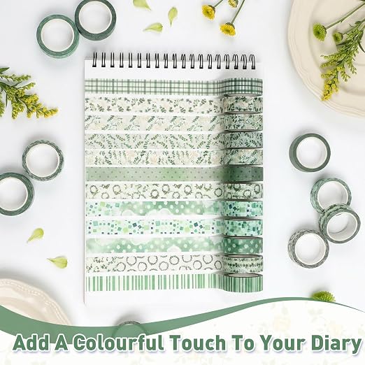 12 Roll Floral Washi Tape Set Flower Decorative Masking Tape for Scrapbook | Green Eucalyptus Leaves Washi Tape Set for Back to School Arts DIY Craft Scrapbook Journal Supplies Gifts