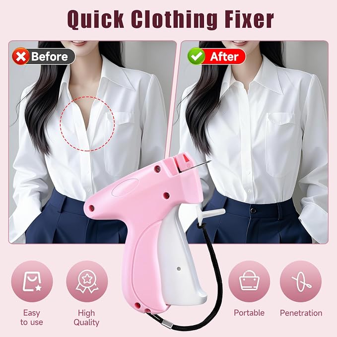Pink and White Stitch Gun for Clothes - Quick Stitch Sewing Gun for Clothing Fixer Includes 2000 Black Fasteners & 2000 White Fasteners with 6 Need