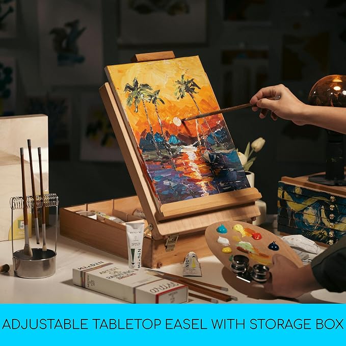 MEEDEN Table Top Easel for Painting: Portable Tabletop Easel with Storage | Wood Easel for Adults - Sketch Box Easel for Students Artist Beginner - Art Desk Easel for Plein Air Natural 16.7"x13"