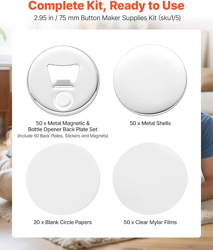 VEVOR Button Maker Supplies 50 Sets 3 in / 75 mm Magnet Button Parts, with Magnetic and Bottle Opener Backs, Metal Shells, Clear Mylar Films, and Blank Circle Papers, for Home DIY, Kitchen Decor