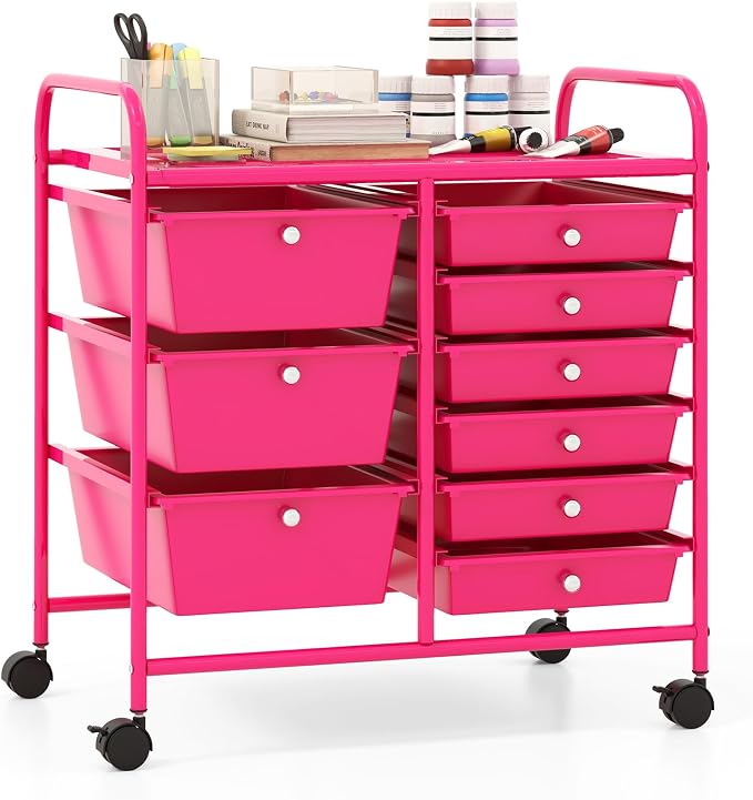 Giantex 9 Drawers Rolling Cart, Classroom Organizers, Storage Cart with Wheels, for Teacher Office Home School Supplies Tool Craft Art Paper, Hot Pink