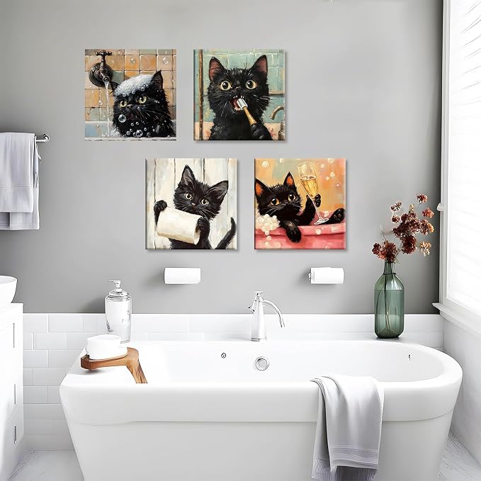 Clendo 4 Pack Black Cat Paint by Numbers Kit for Adults with Frame - Animals in Bathtub Adult Paint by Number Kit DIY Oil Painting Kits for Home Wall Decor 8x8 Inch