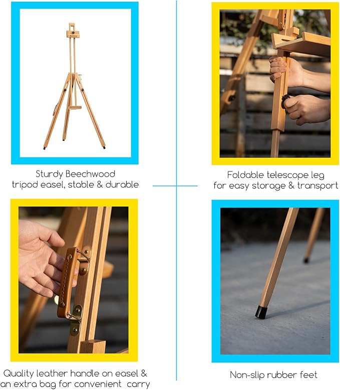 MEEDEN Portable Tripod Easel for Painting: Solid Beech Wood Art Easel | Foldable Drawing Easel Stand with Carrying Bag for Adults Indoor Outdoor Use, Holds Canvas up to 44"