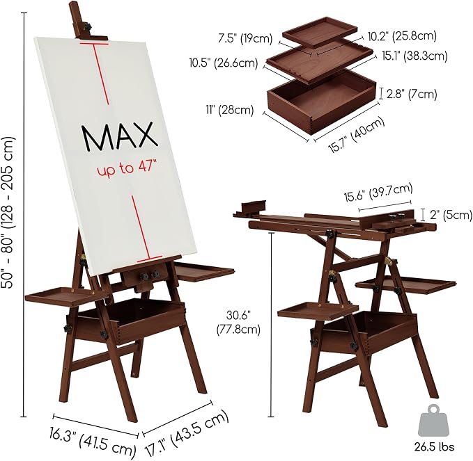 MEEDEN Painting Easel with Storage and Tray: H-Frame Beech Wood Art Easel | Easel Stand for Adults, Artists, Students, Beginners - Adjustable 50"-80" H, Holds Canvas Up to 47 Inches