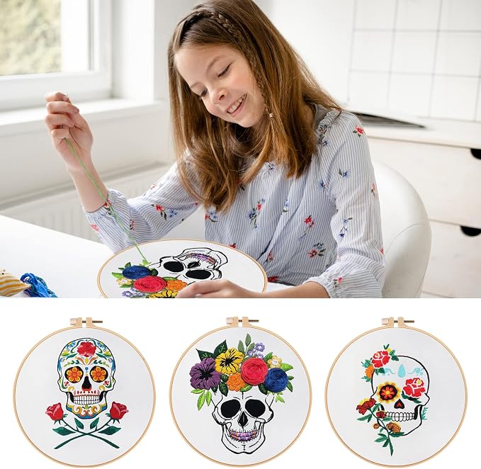 Nuberlic 3 Pack Embroidery Kit for Beginners, Halloween Skull Cross Stitch