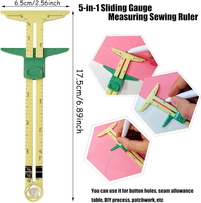 YEQIN 4 Pieces Sewing Gauge Sewing Measuring Tool, 5-in-1 Sliding Gauge Measuring Sewing Ruler Tool Fabric Quilting Ruler for Knitting Crafting Sewing Beginner Supplies